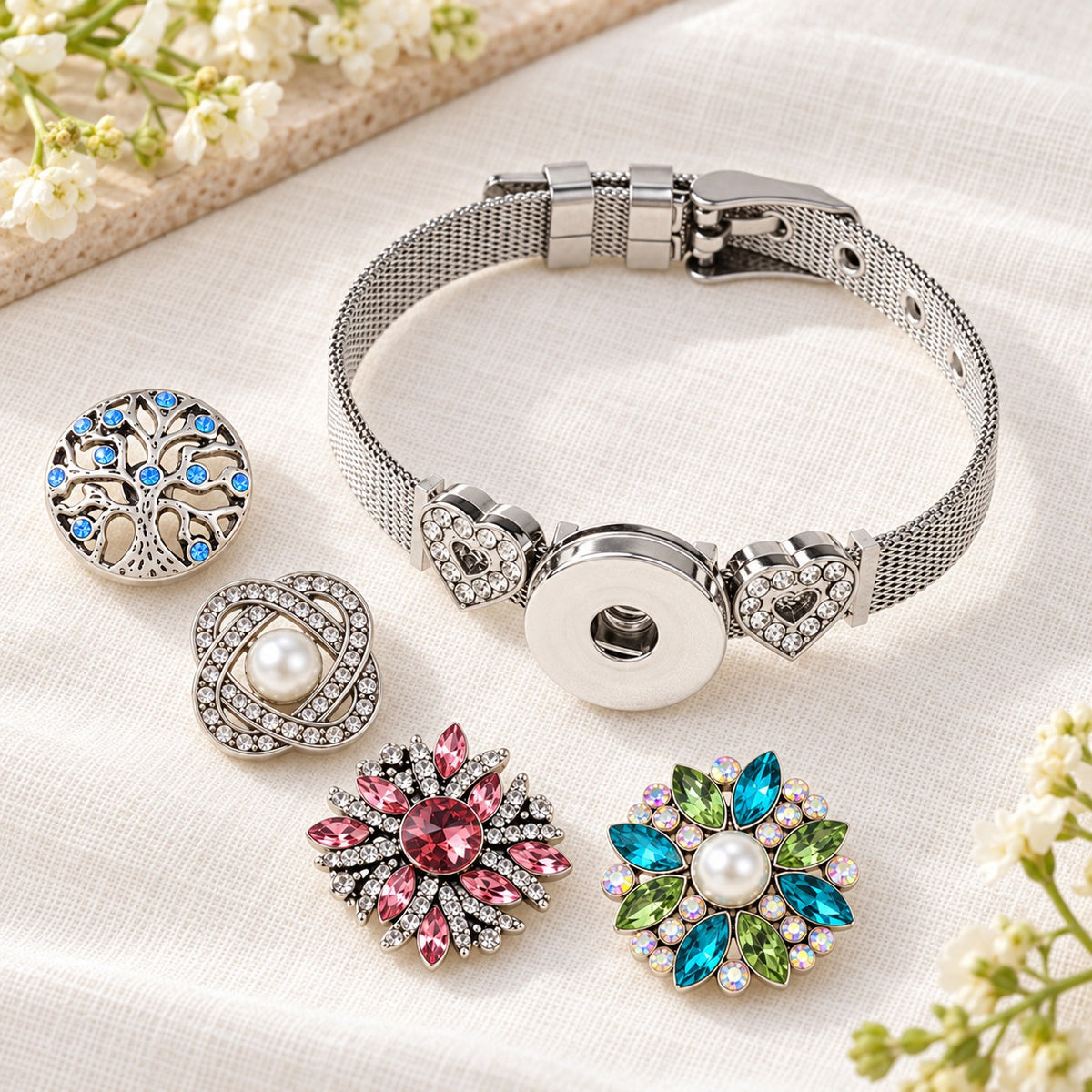 Stainless Steel Rhinestone Heart Sandy Snap Interchangeable Charm Bracelet
