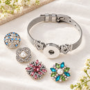 Stainless Steel Rhinestone Heart Sandy Snap Interchangeable Charm Bracelet plain base beside four separate decorative snaps; styling choices