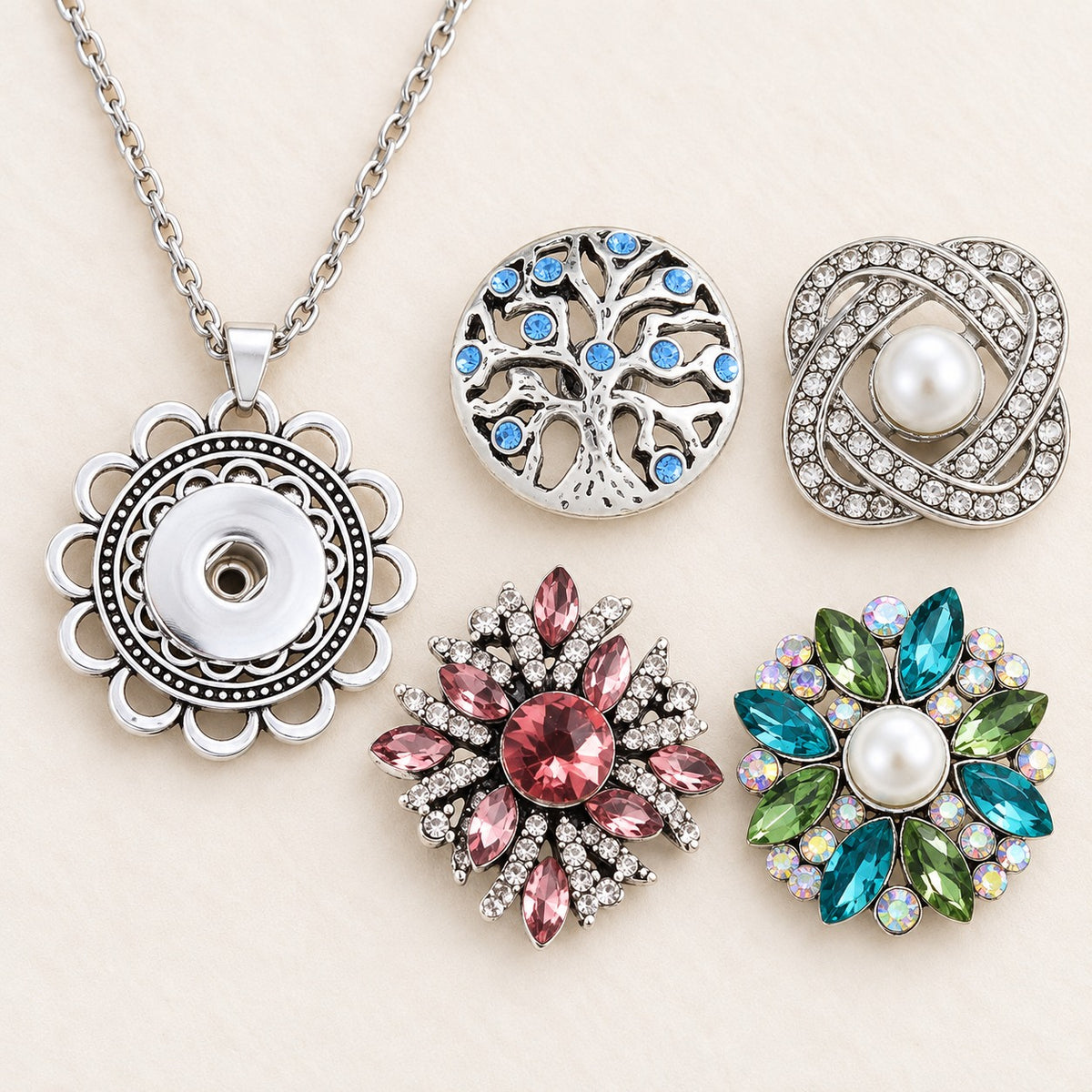 Assorted Round Silver Flower Sandy Snap Interchangeable Charm Necklace