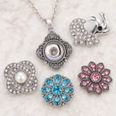 Plain ornate silver Sandy Snap pendant with empty socket beside elephant, pearl, blue crystal and pink crystal flower snaps
