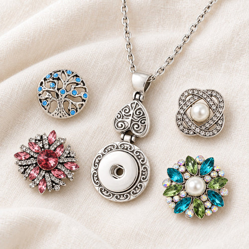 Circle Pendant & Vintage Heart Sandy Snap Interchangeable Charm Necklace plain base beside four separate decorative snaps; styling choices