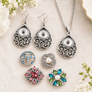 Filigree Teardrop Sandy Snap Interchangeabe Charm Necklace & Earring Set plain base beside four separate decorative snaps; styling choices