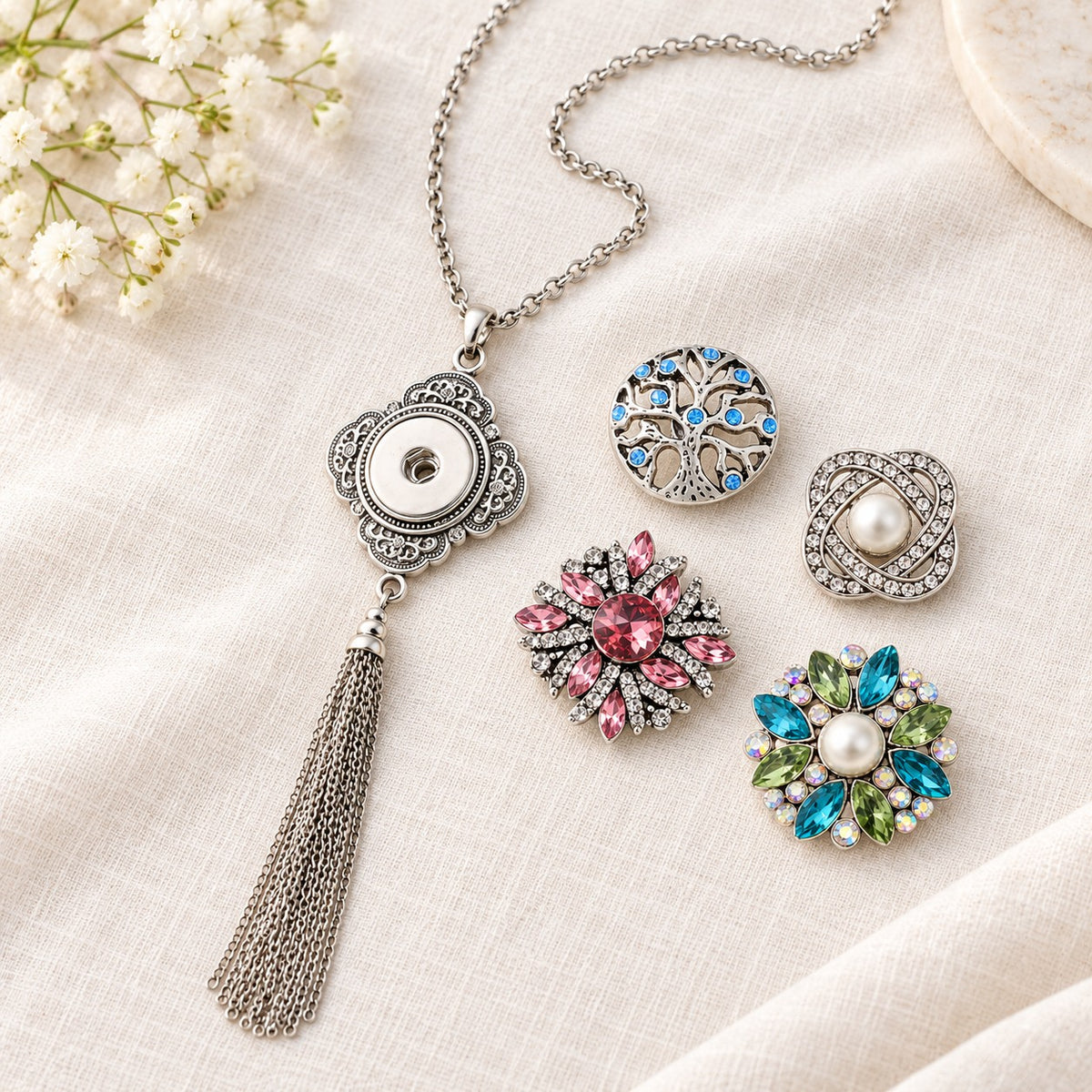 Filigree Pendant With Tassel Sandy Snap Interchangeable Charm Necklace