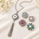 Filigree Pendant With Tassel Sandy Snap Interchangeable Charm Necklace plain base beside four separate decorative snaps; styling choices