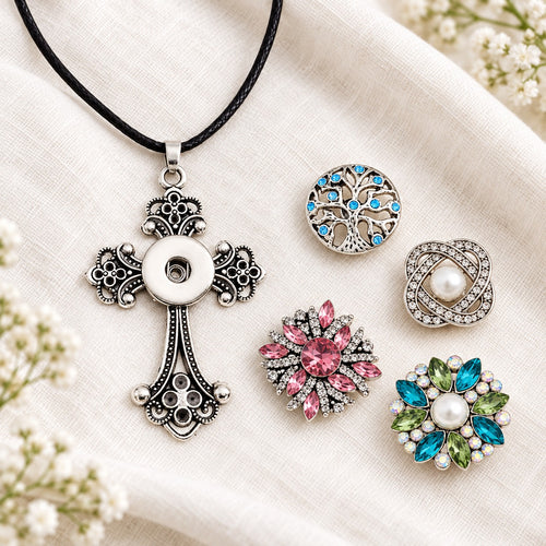 Founders Favorite Cross Sandy Snap Interchangeable Charm Necklace plain base beside four separate decorative snaps; styling choices