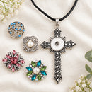 Filigree Cross Sandy Snap Interchangeable Charm Necklace plain base beside four separate decorative snaps; styling choices
