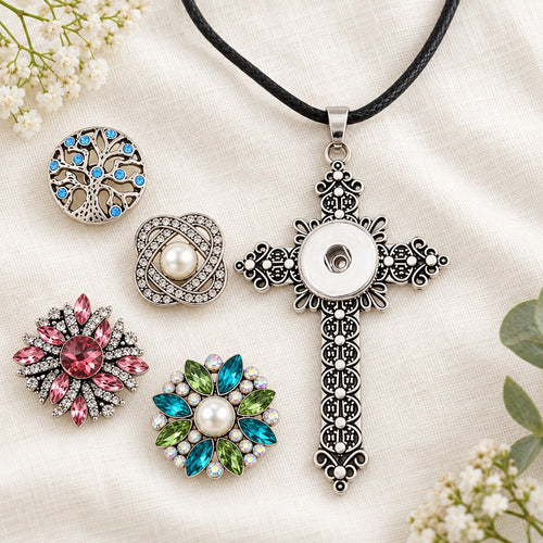 Filigree Cross Sandy Snap Interchangeable Charm Necklace plain base beside four separate decorative snaps; styling choices