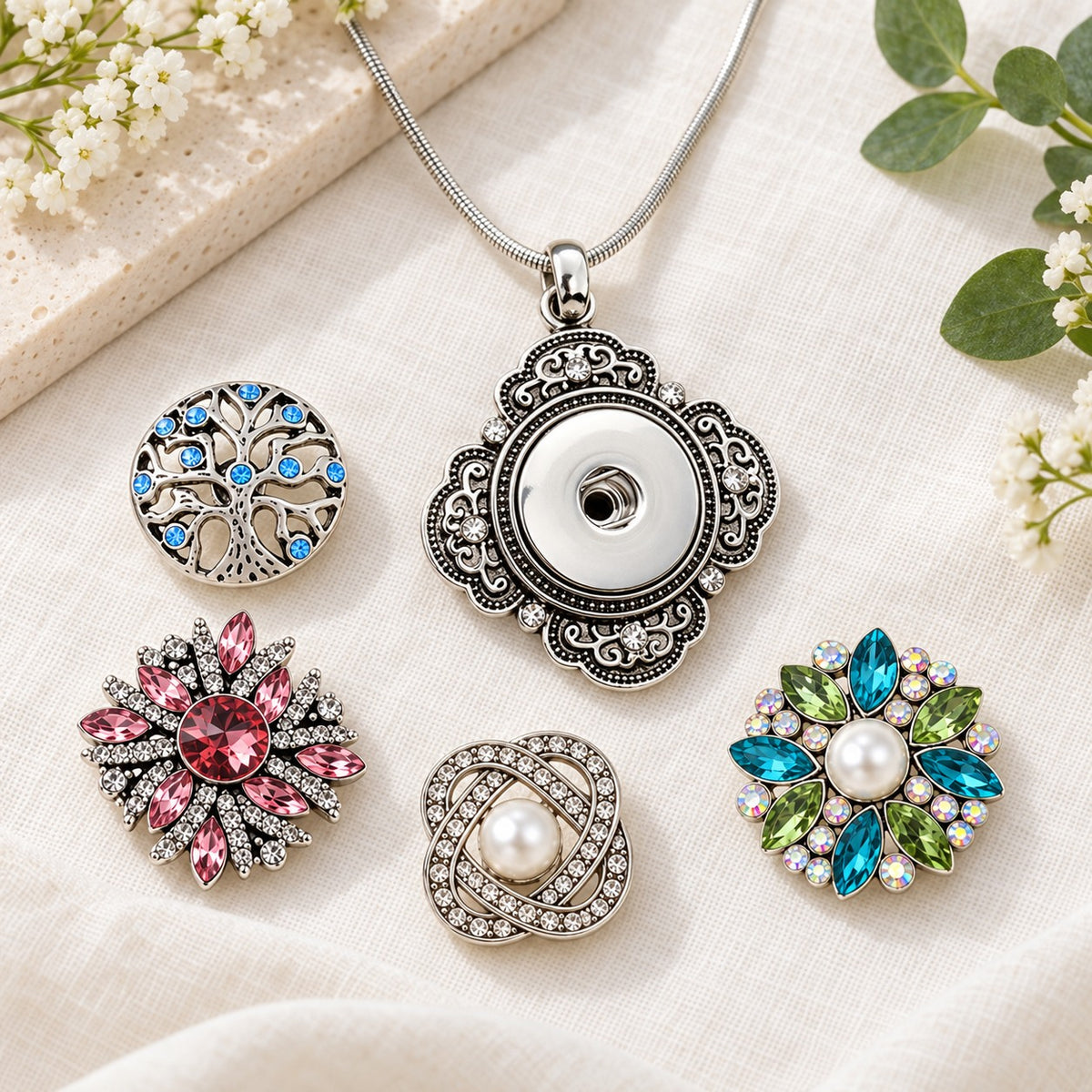 Pendant Style Sandy Snap Interchangeable Charm Necklace