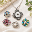 Pendant Style Sandy Snap Interchangeable Charm Necklace plain base beside four separate decorative snaps; styling choices