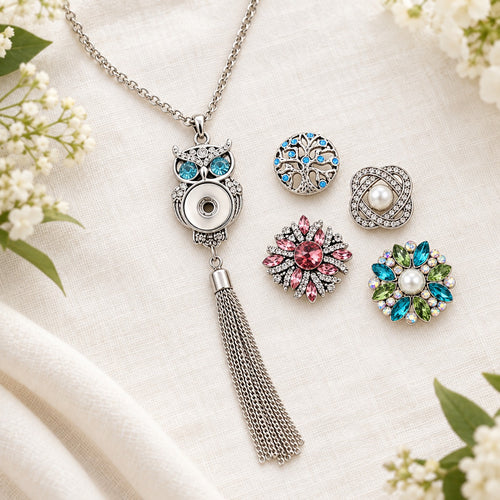 Owl Pendant With Tassels Sandy Snap Interchangeable Charm Necklace plain base beside four separate decorative snaps; styling choices