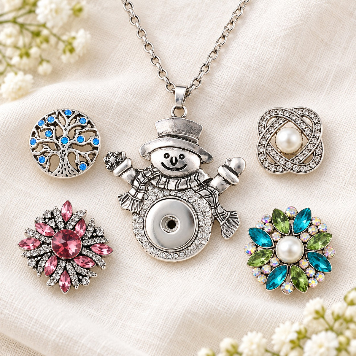 Sandy Snap Snowman with Crystals Interchangeable Charm Necklace