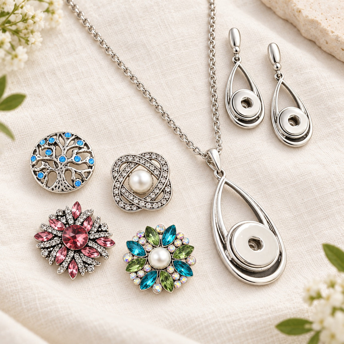 Water Drop Shape Sandy Snap Interchangeable Charm Necklace & Earring Set