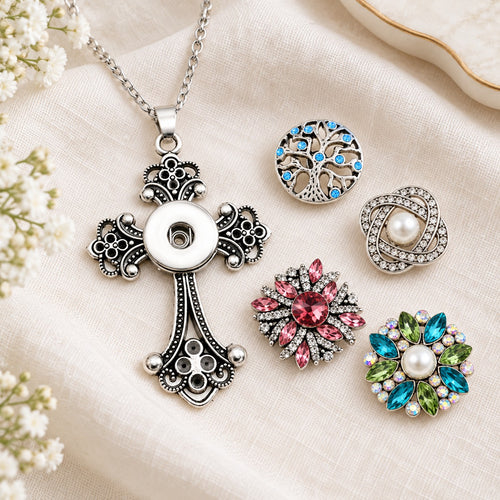 Vintage Style Cross Sandy Snap Interchangeable Charm Necklace plain base beside four separate decorative snaps; styling choices