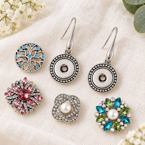 Classic Drop Pendant Sandy Snap Interchangeable Charm Earrings plain base beside four separate decorative snaps; styling choices