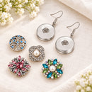 Simple Silver or Gold Sandy Snap Interchangeable Charm Earrings plain base beside four separate decorative snaps; styling choices