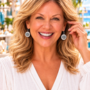 Woman wearing silver-tone drop earrings with turquoise charms