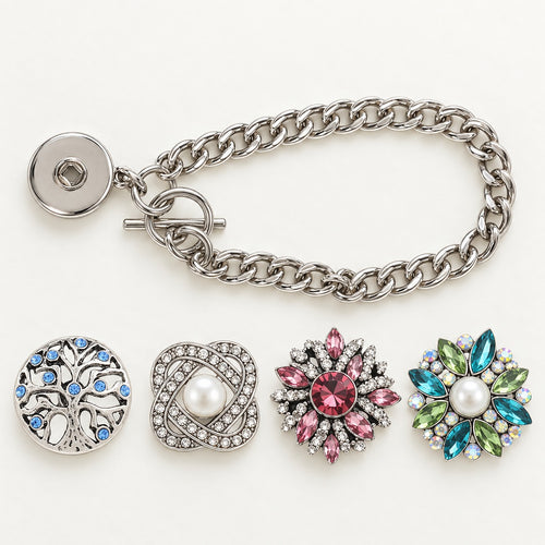 Silver Snap Charm Bracelet plain base beside four separate decorative snaps; styling choices