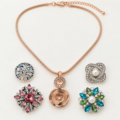 Rose Gold CZ Encrusted Sandy Snap Diamond Necklace 18MM plain base with four separate snap styling options