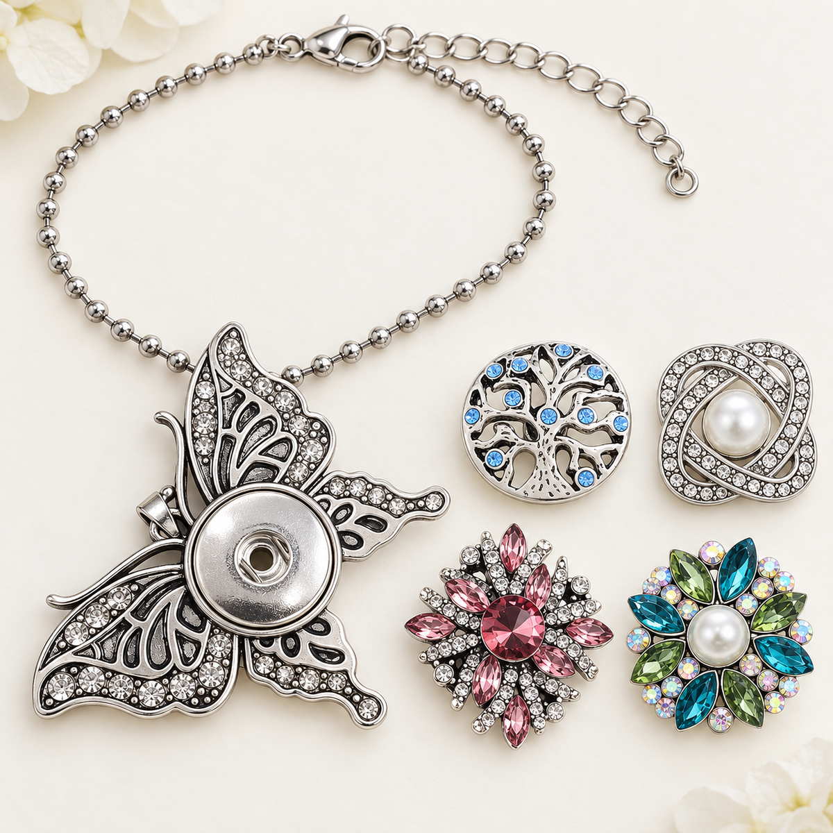 Stainless Steel Butterfly Crystal Sandy Snap Necklace