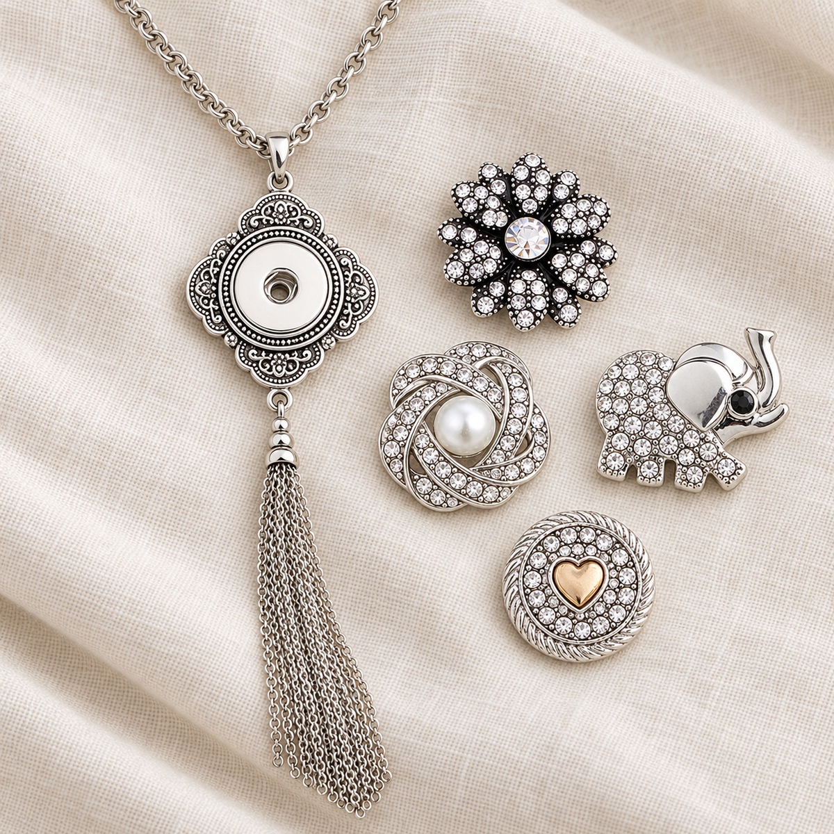 Empty filigree tassel necklace beside four snap choices