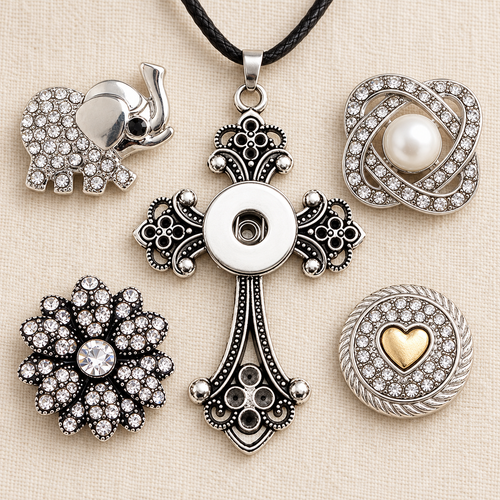 Empty Founders Favorite Cross necklace beside elephant, pearl, crystal flower and gold heart snap choices