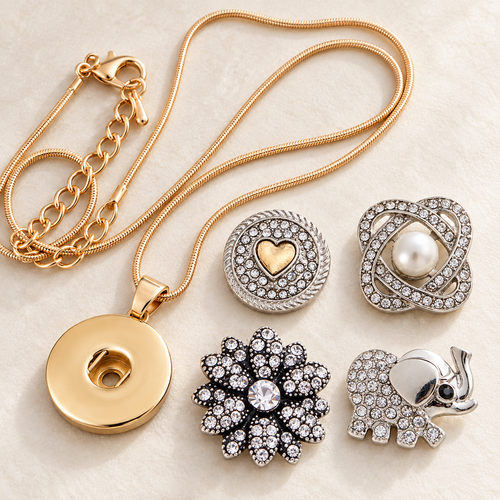Empty Gold Pendant necklace beside gold heart, pearl, crystal flower and elephant snap choices