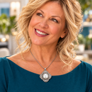 Sandy wearing ornate silver pendant snap necklace with pearl snap and teal top