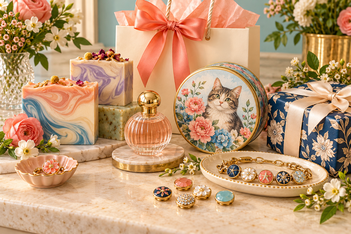 Inviting gift display with swirled soaps, fragrance, a cat tin, charm jewelry and coral-ribbon gift wrapping