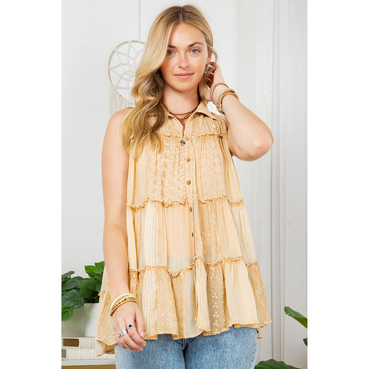 YOUNG THREADS - 60s-Inspired Sleeveless Jhabla Top Button-Down Shirt