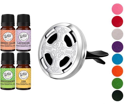 Wild Essentials - Celtic Cross Chrome Car Vent Diffuser with 4 Essential oils