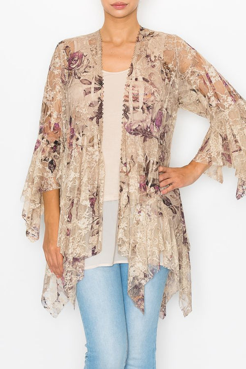 Origami Apparel ~ Taupe and Rose Lace Inspired Tiered Cardigan - OLS-4618TP/2ROSE