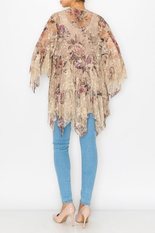 Origami Apparel ~ Taupe and Rose Lace Inspired Tiered Cardigan - OLS-4618TP/2ROSE