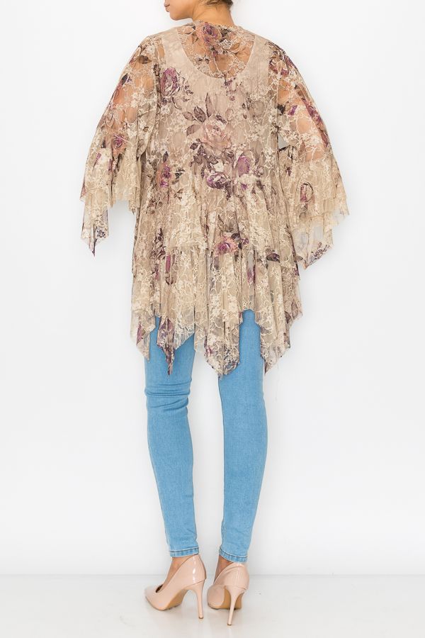 Origami Apparel ~ Taupe and Rose Lace Inspired Tiered Cardigan - OLS-4618TP/2ROSE