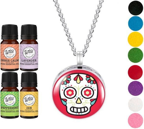 Wild Essentials - Cartoon Sugar Skull Diffuser Necklace and 4 essential oils