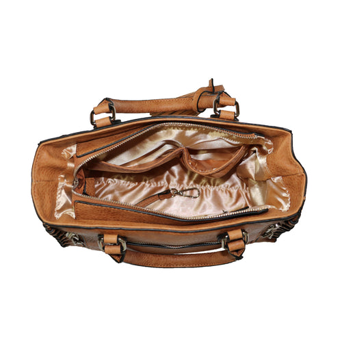 Top view of the open tan Lady Conceal Ann satchel showing its patterned interior