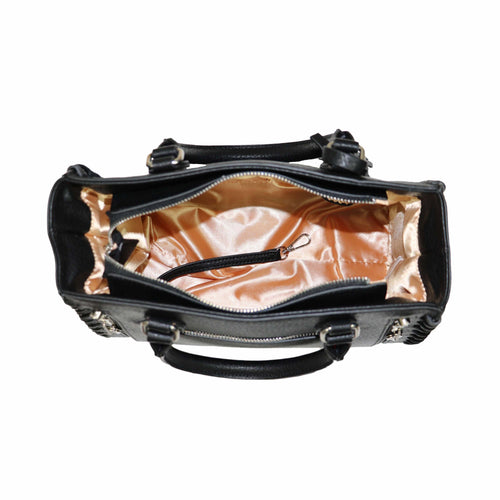 Top view of the open black Lady Conceal Ann satchel showing its patterned interior