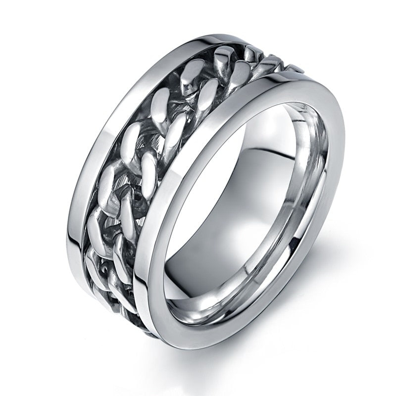 Rotatable Chain Men Rings Stainless Steel Spinner Reliever Stress Jewelry Black Gold Silver Color