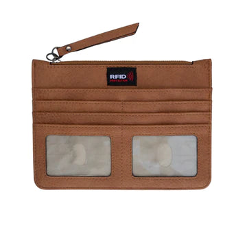 Tan slim RFID wallet showing card slots and ID windows, included with the Lady Conceal Kinsley crossbody