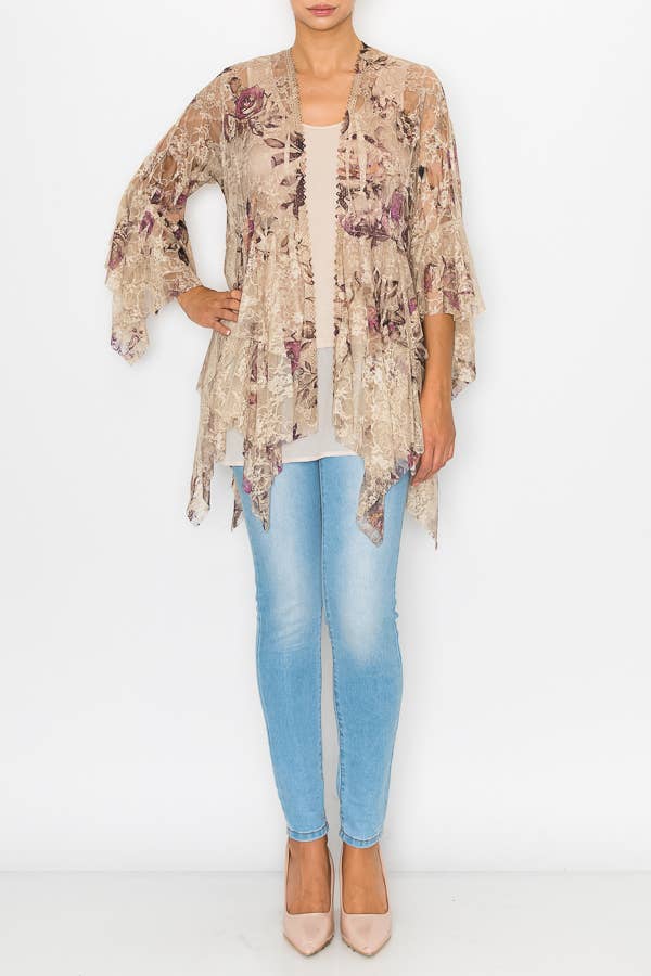 Origami Apparel ~  Taupe and Rose Lace Inspired Tiered Cardigan - OLS-4618TP/2ROSE