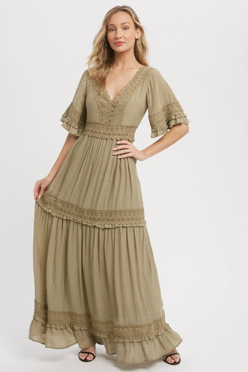 Bluivy - V-NECK LACE TRIM MAXI DRESS
