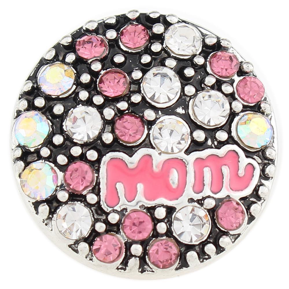 "Mom" In Pink and Clear Rhinestones Sandy Snap Interchangeable Charm