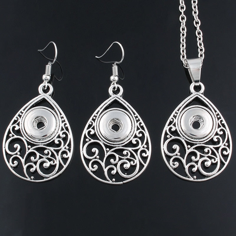 Filigree Teardrop Sandy Snap Interchangeabe Charm Necklace & Earring Set