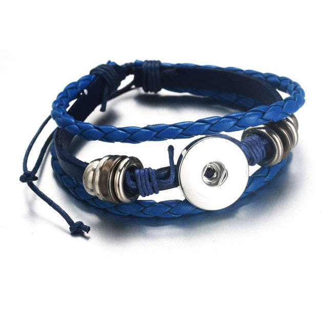 Blue braided multi-strand Sandy Snap bracelet with a silver-tone snap setting, beads and adjustable cord
