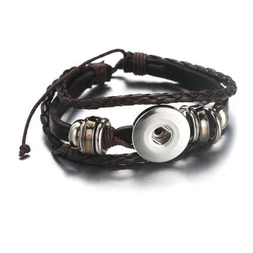 Brown braided multi-strand Sandy Snap bracelet with a silver-tone snap setting, beads and adjustable cord