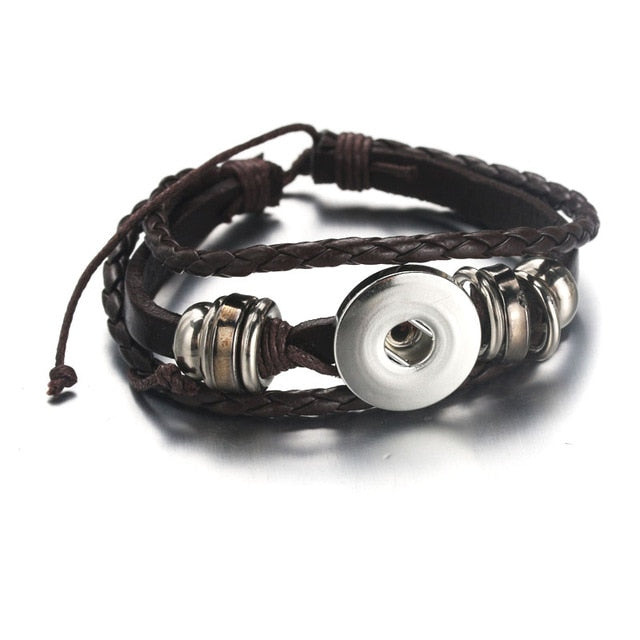 Brown braided multi-strand Sandy Snap bracelet with a silver-tone snap setting, beads and adjustable cord