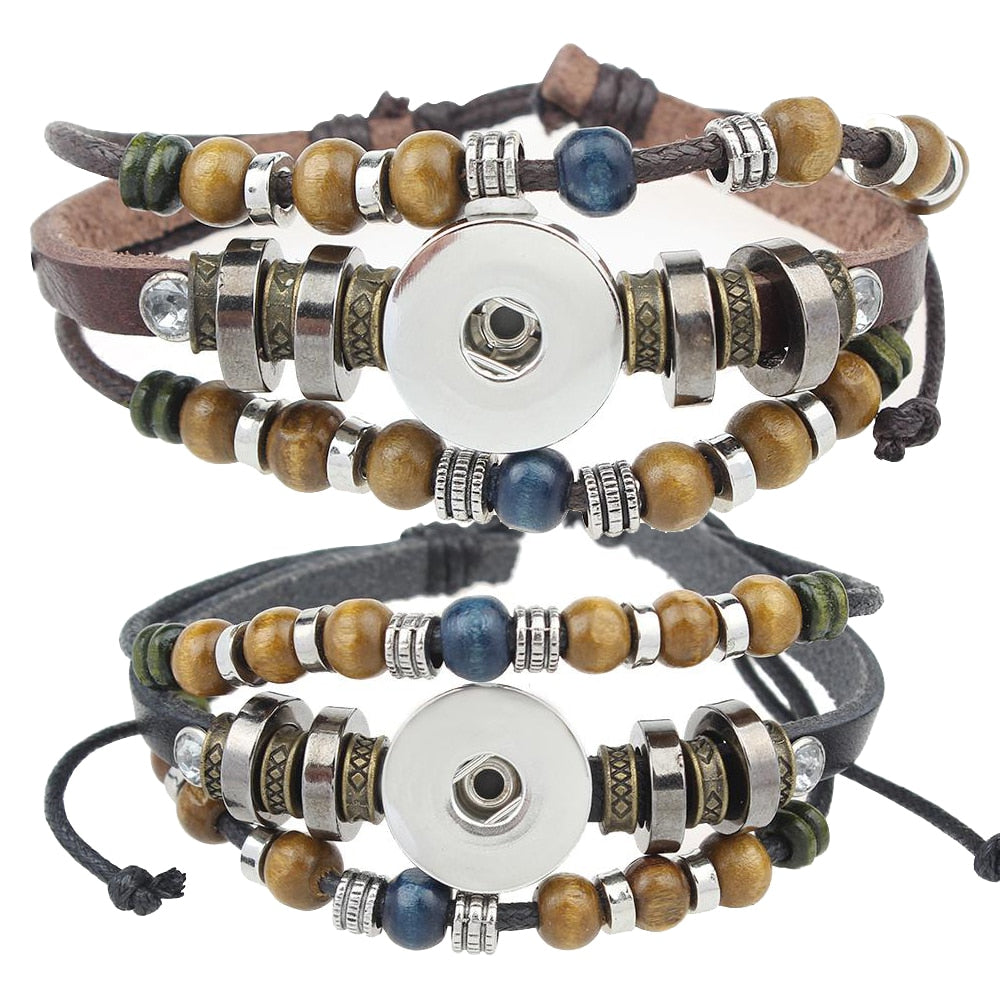 Unisex Beaded Leather Sandy Snap Interchangeable Bracelet
